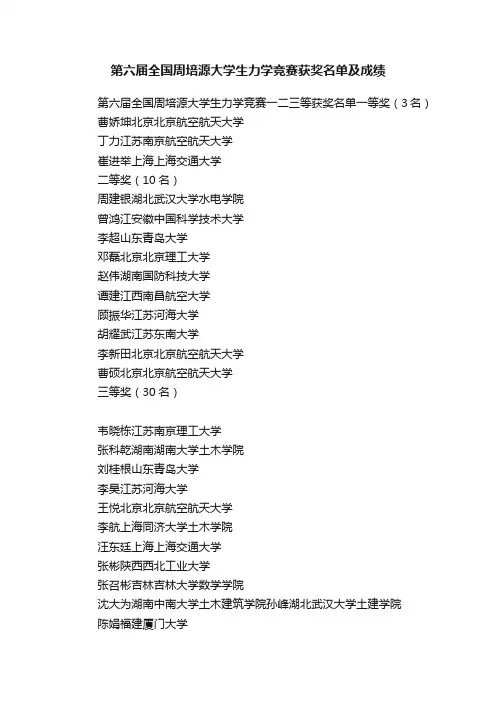 第六届全国周培源大学生力学竞赛获奖名单及成绩