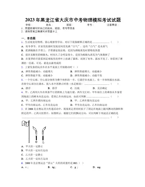 2023年黑龙江省大庆市中考物理模拟考试试题附解析