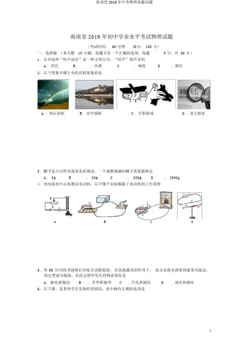 海南省2019年中考物理真题试题