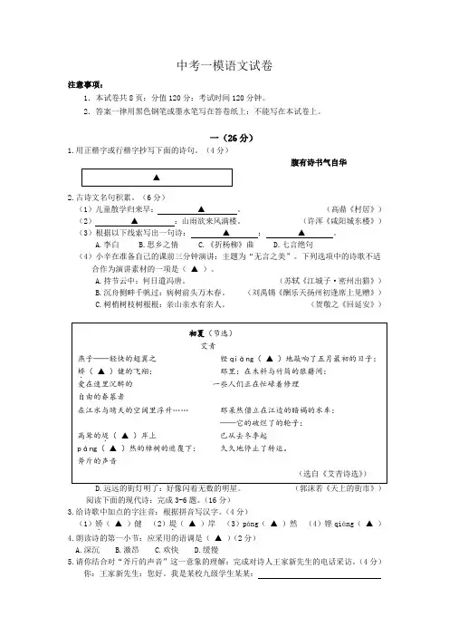 南京市溧水区中考一模语文试卷及答案【模拟试题】