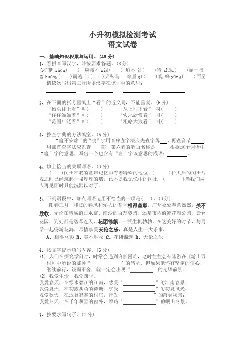人教版六年级小升初语文模拟试卷及答案