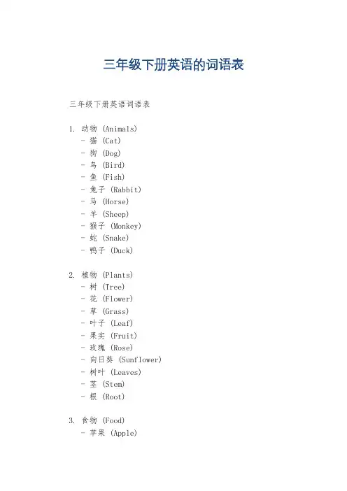 三年级下册英语的词语表