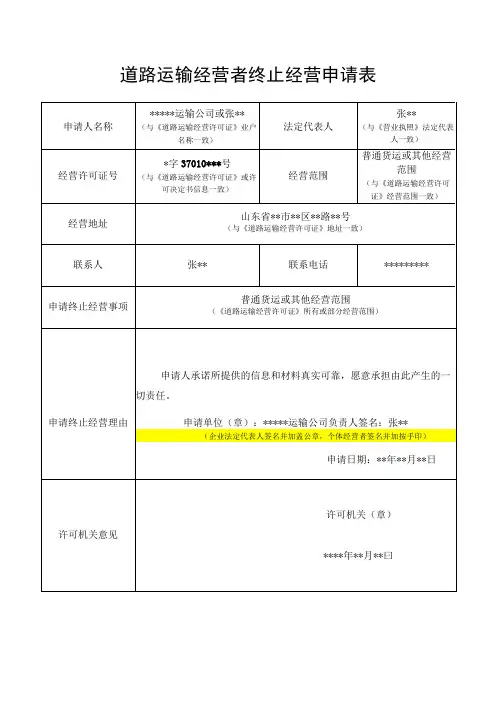 道路运输经营者终止经营申请表