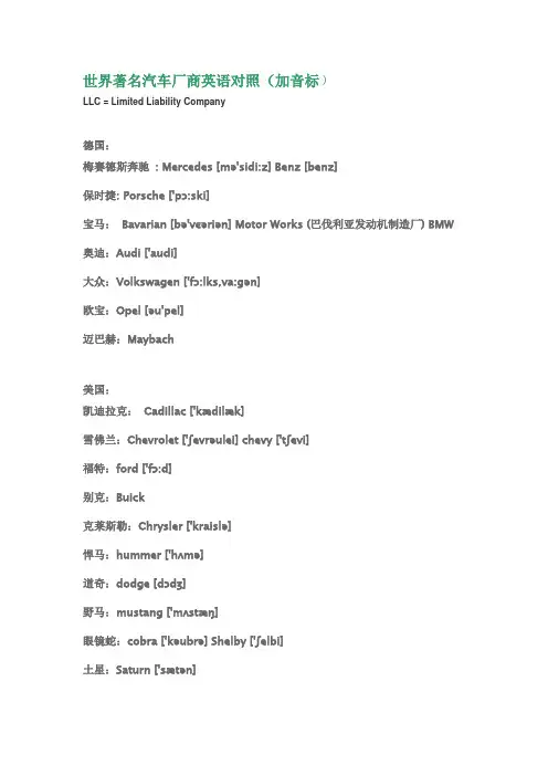 世界著名汽车厂商英语对照(有音标的哦)