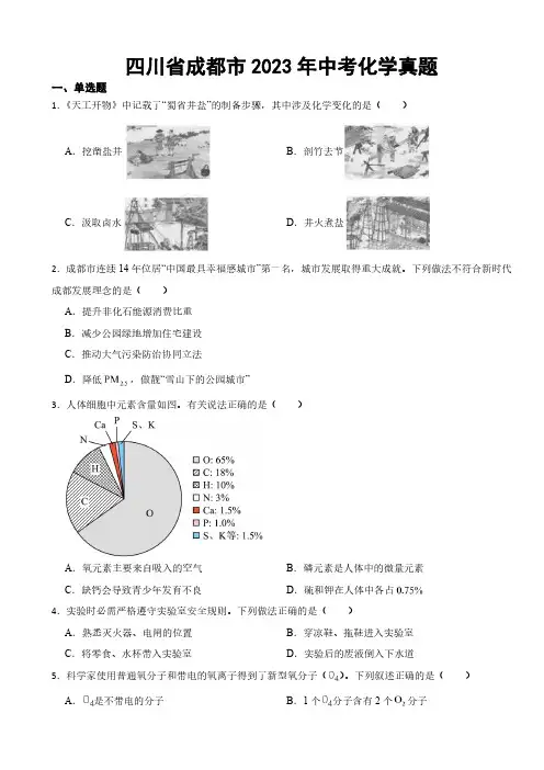 四川省成都市2023年中考化学真题(附参考答案)