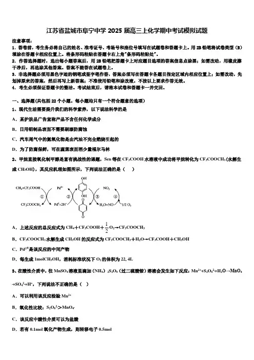 江苏省盐城市阜宁中学2025届高三上化学期中考试模拟试题含解析