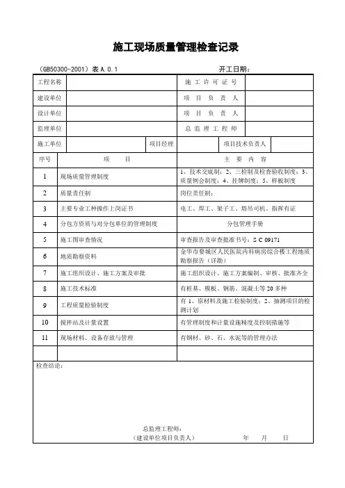 浙江 施工现场质量管理检查记录表  空白 表格