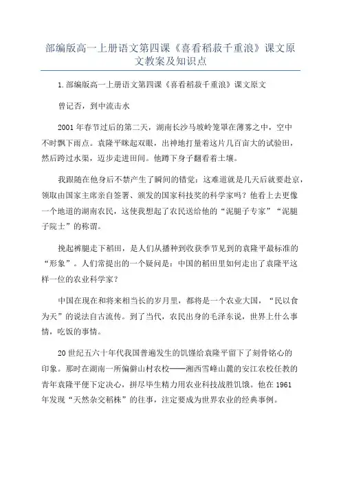 部编版高一上册语文第四课《喜看稻菽千重浪》课文原文教案及知识点