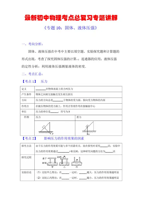 最新初中物理考点总复习专题讲解《专题10：固体、液体压强》(附强化训练与答案解析)