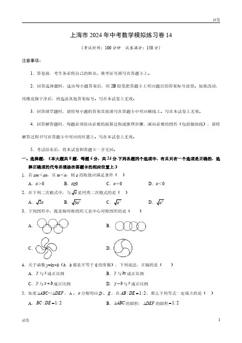 2024年上海中考数学模拟练习卷十四及参考答案