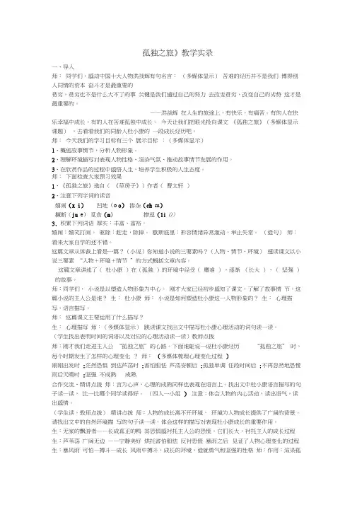 人教版初三语文上册孤独之旅实录