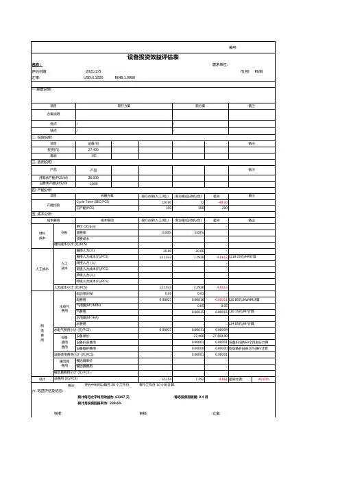新产品设备投资效益评估表