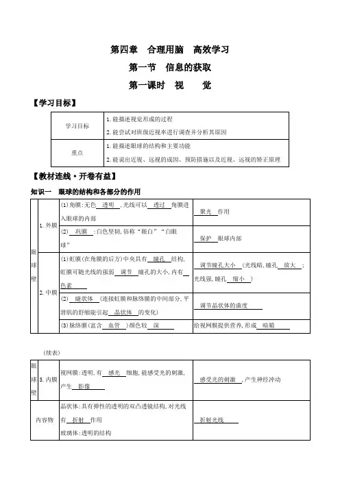 冀少版七年级下册生物导学案专题4.1.1 视觉