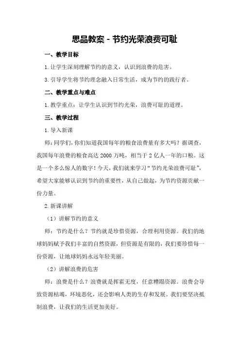 思品教案-节约光荣 浪费可耻
