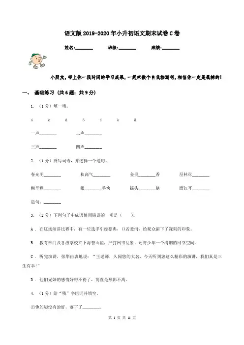 语文版2019-2020年小升初语文期末试卷C卷