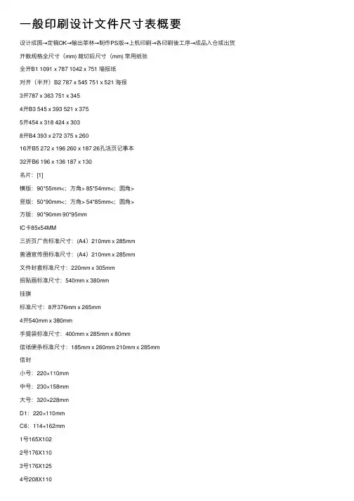 一般印刷设计文件尺寸表概要