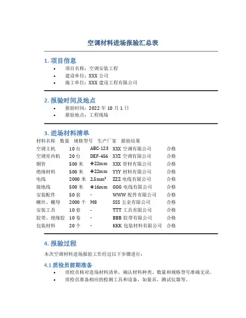 空调材料进场报验汇总表