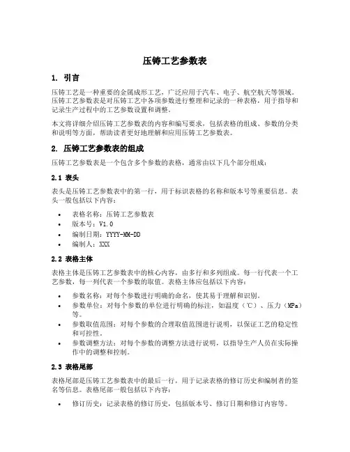压铸工艺参数表