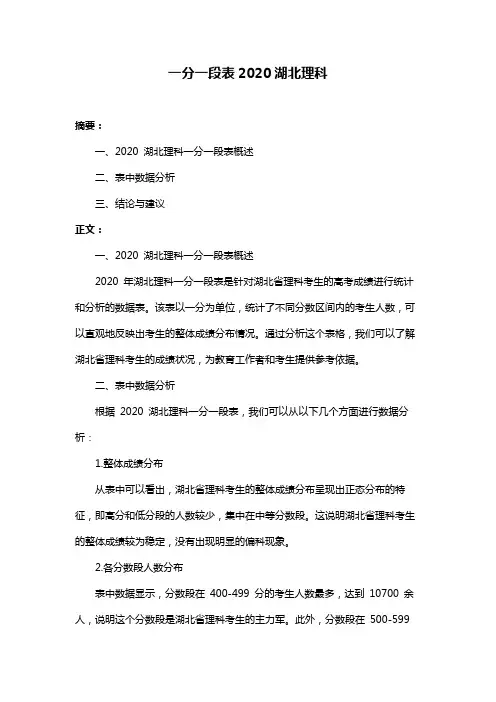 一分一段表2020湖北理科