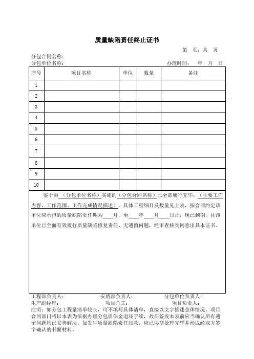 质量缺陷责任终止证书1