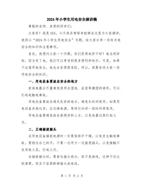 2024年小学生用电安全演讲稿