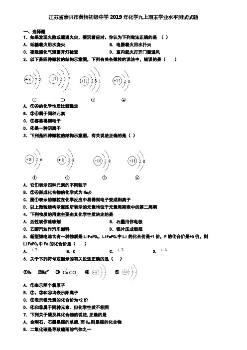 江苏省泰兴市黄桥初级中学2019年化学九上期末学业水平测试试题