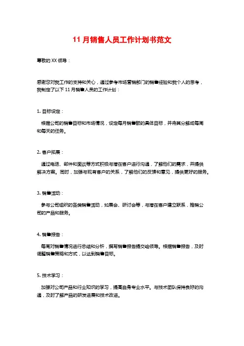 11月销售人员工作计划书范文