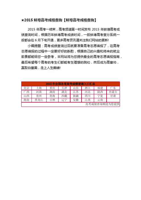 ★2015蚌埠高考成绩查询【蚌埠高考成绩查询】
