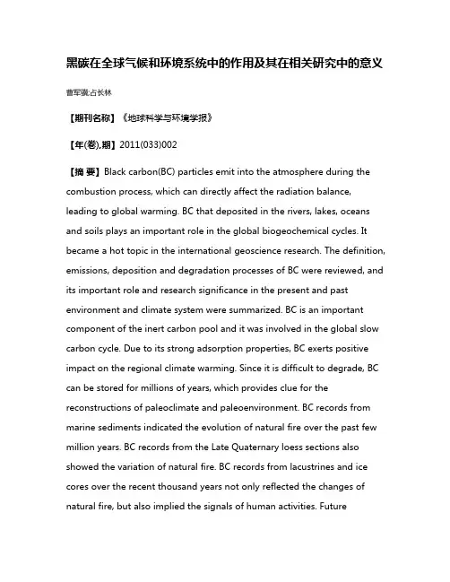 黑碳在全球气候和环境系统中的作用及其在相关研究中的意义