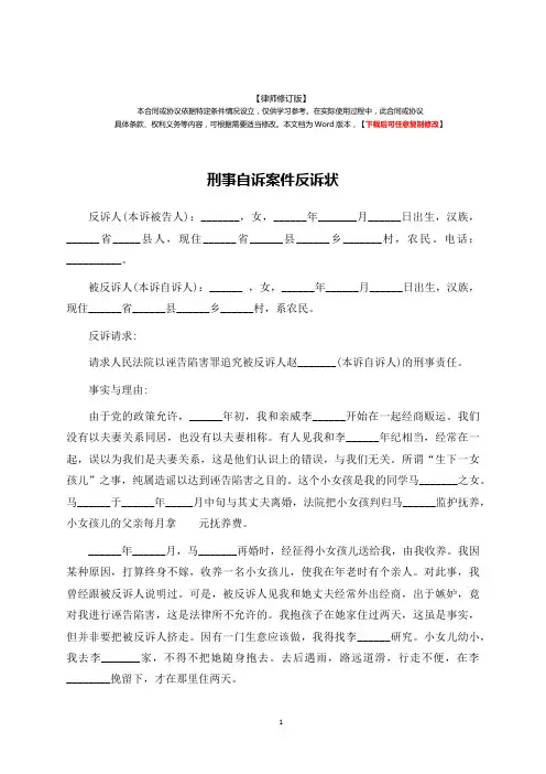 刑事自诉案件反诉状范例-标准专业版