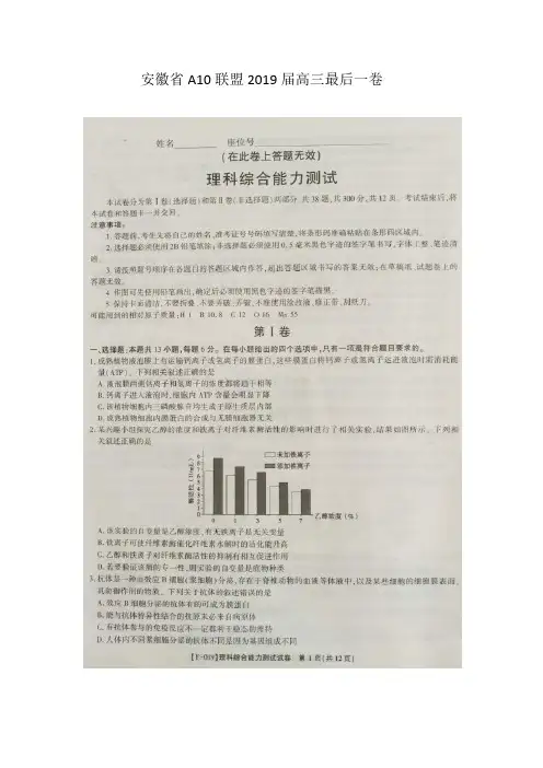 安徽省A10联盟2019届高三最后一卷理科综合试卷及答案