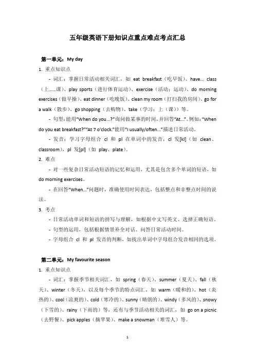 人教版五年级英语下册知识点重点难点考点汇总复习总结