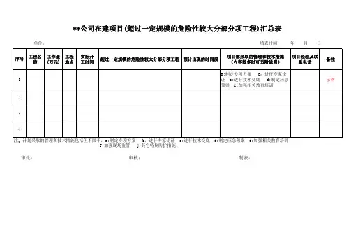 子分公司在建项目(超过一定规模的危险性较大分部分项工程)汇总表--样表