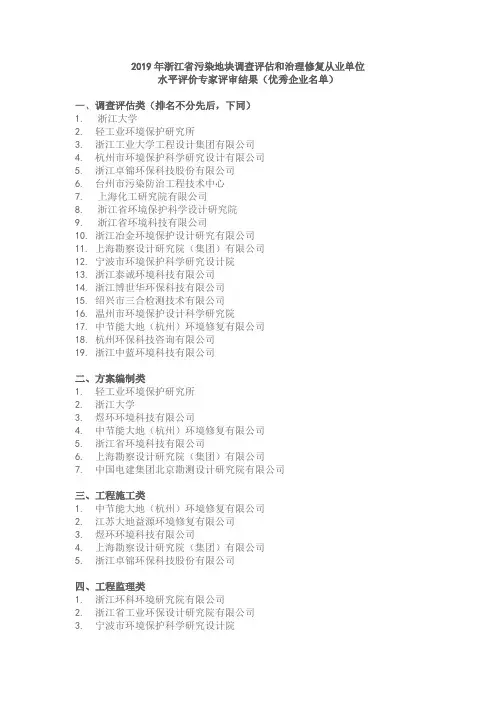 2019年度浙江省污染地块调查评估和治理修复从业优秀单位推荐名单