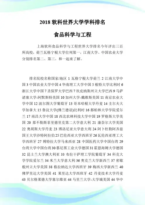 20XX软科世界大学学科排名 食品科学与工程.doc