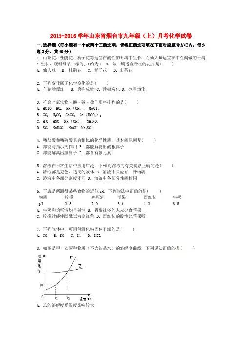 山东省烟台市九年级化学上学期月考试题(含解析) 鲁教版五四制