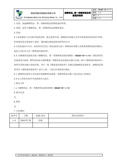 C41-07麻醉药品、第一类精神药品销售退回细则