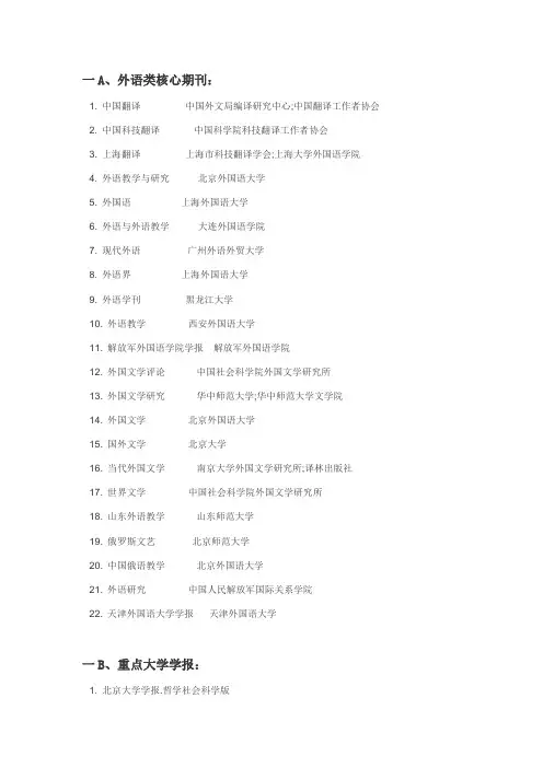 英语核心期刊列表