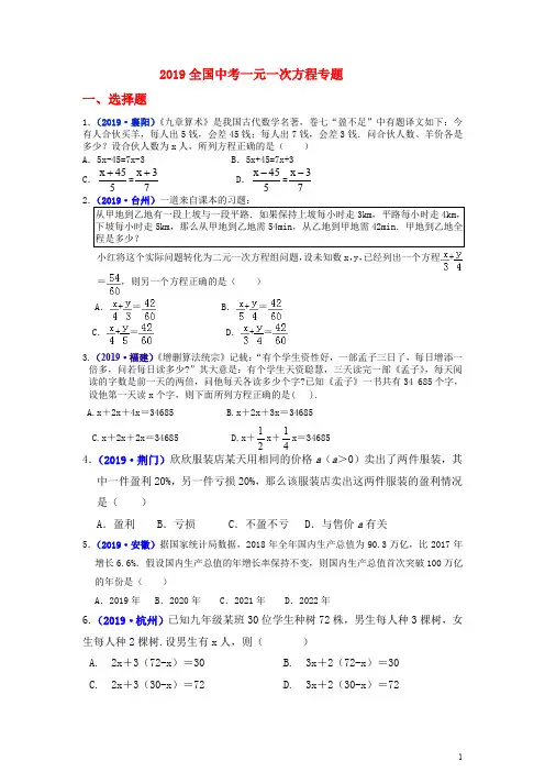2019全国中考一元一次方程专题
