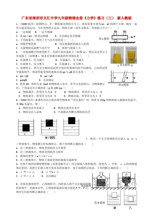 广东省深圳市文汇中学九年级物理全册《力学》练习(三)(无答案) 新人教版