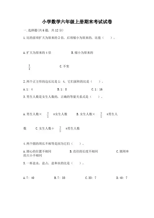 小学数学六年级上册期末考试试卷(名校卷)