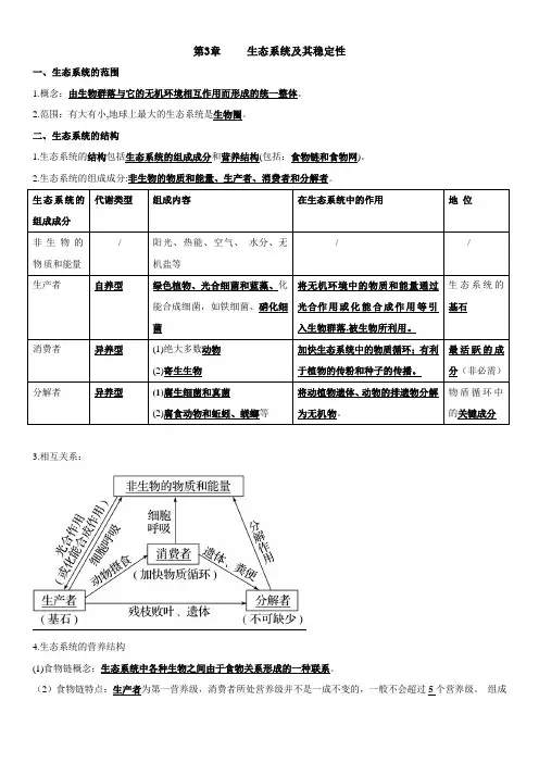 生物人教版选择性必修2第3章生态系统及其稳定性知识汇总2023-2024学年高二上学期