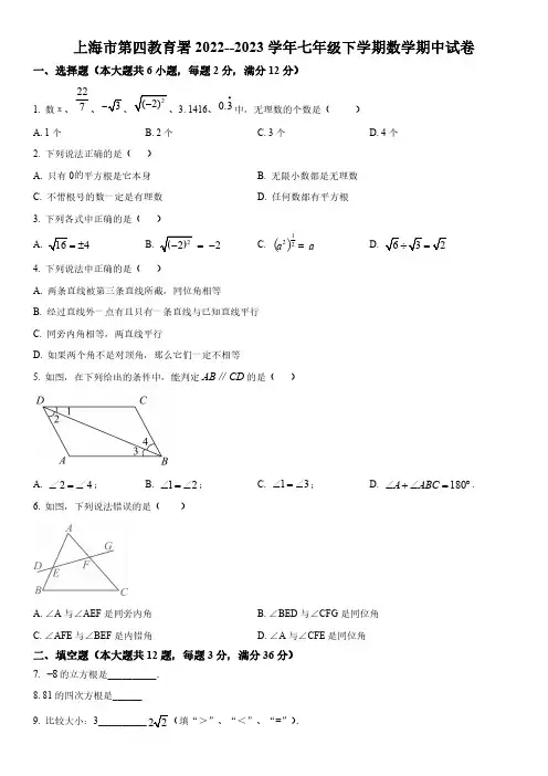 2022-2023学年上海市第四教育署七年级下学期数学期中试卷含详解