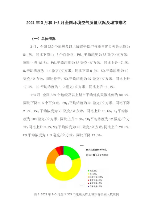 2021年3月和1-3月全国环境空气质量状况及城市排名