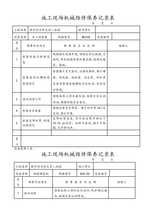 施工现场机械设备维修保养记录表