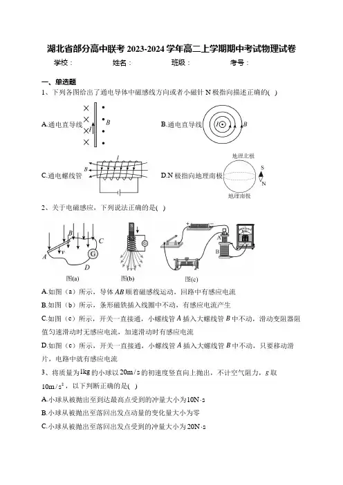湖北省部分高中联考2023-2024学年高二上学期期中考试物理试卷(含答案)