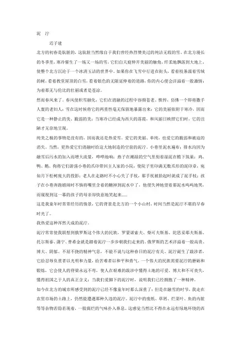 迟子建《泥泞》阅读练习及答案