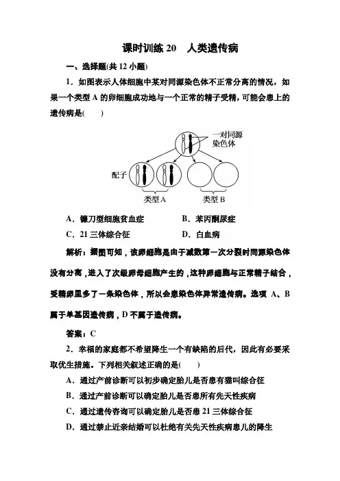 【师说】2015高考生物全程复习构想检测：课时训练20人类遗传病
