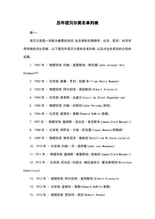 历年诺贝尔奖名单列表