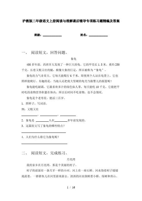 沪教版二年级语文上册阅读与理解课后辅导专项练习题精编及答案